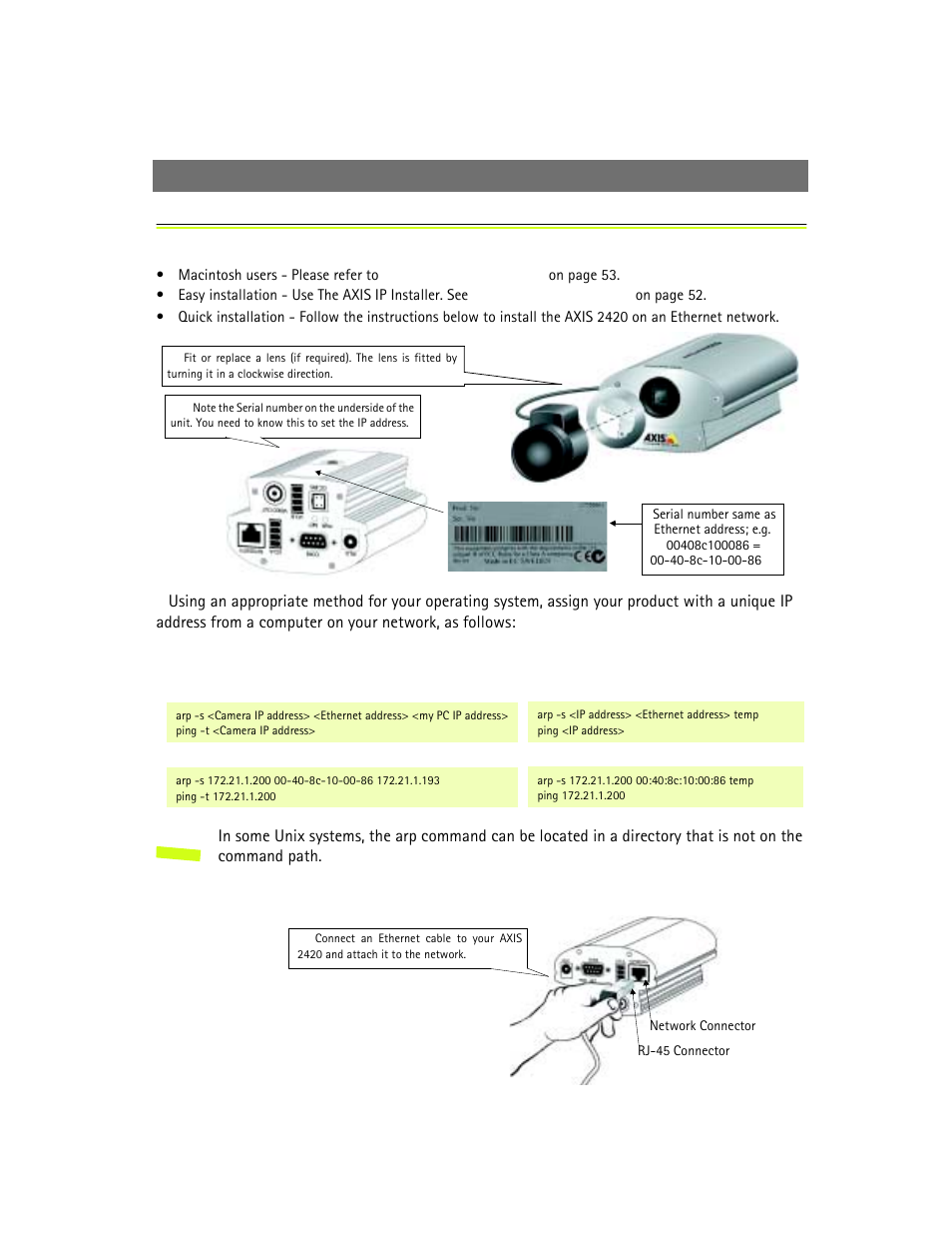 Installing on a network | Axis Communications 2420 W/Lens User Manual | Page 12 / 103