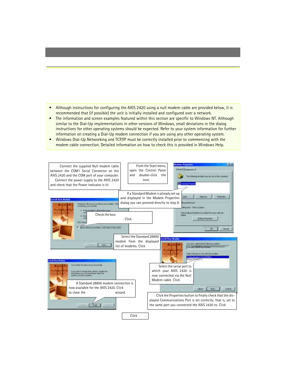 Installing via a modem | Axis Communications 2420 W/Lens User Manual | Page 14 / 103