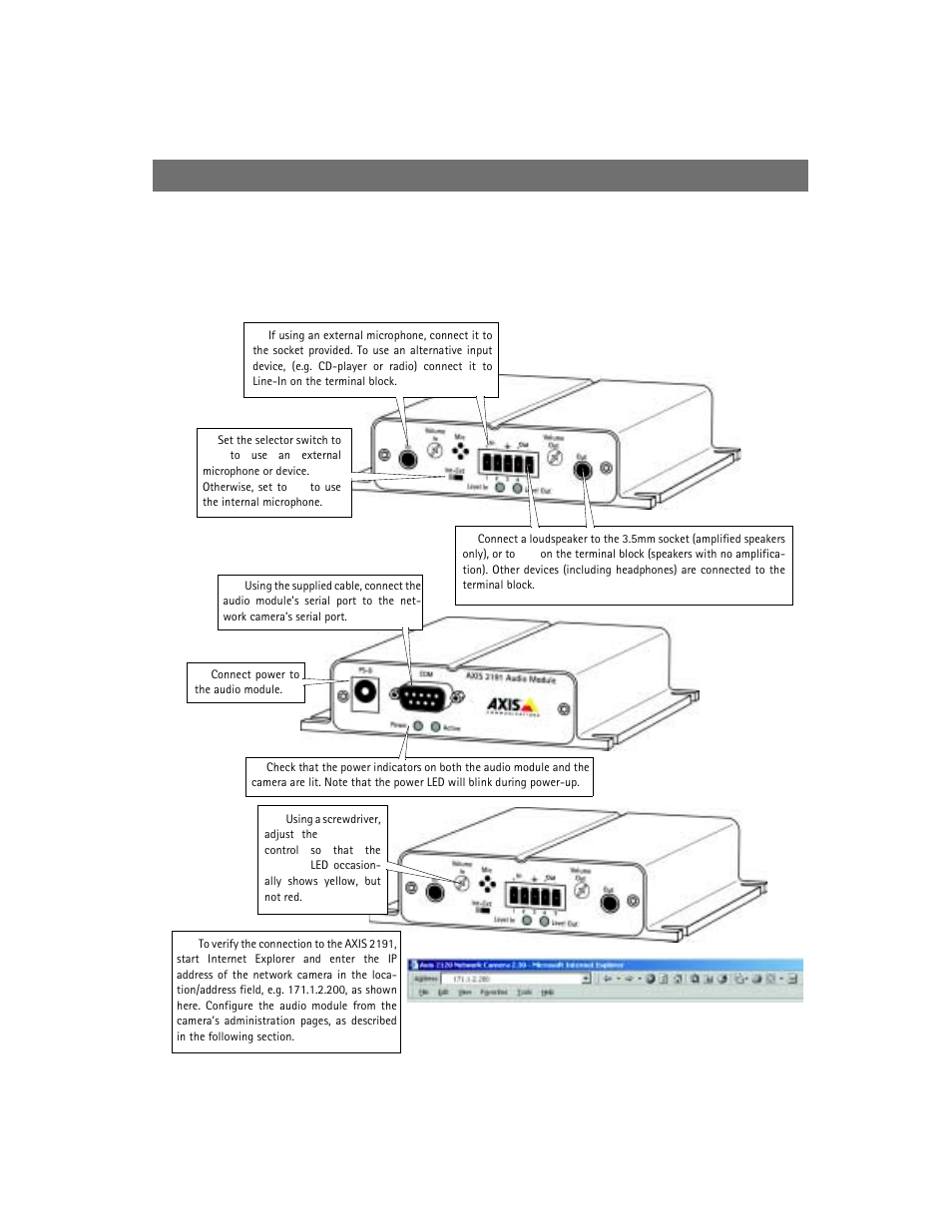 Installing the audio module, The axis 2191 audio module | Axis Communications 2420 W/Lens User Manual | Page 40 / 103