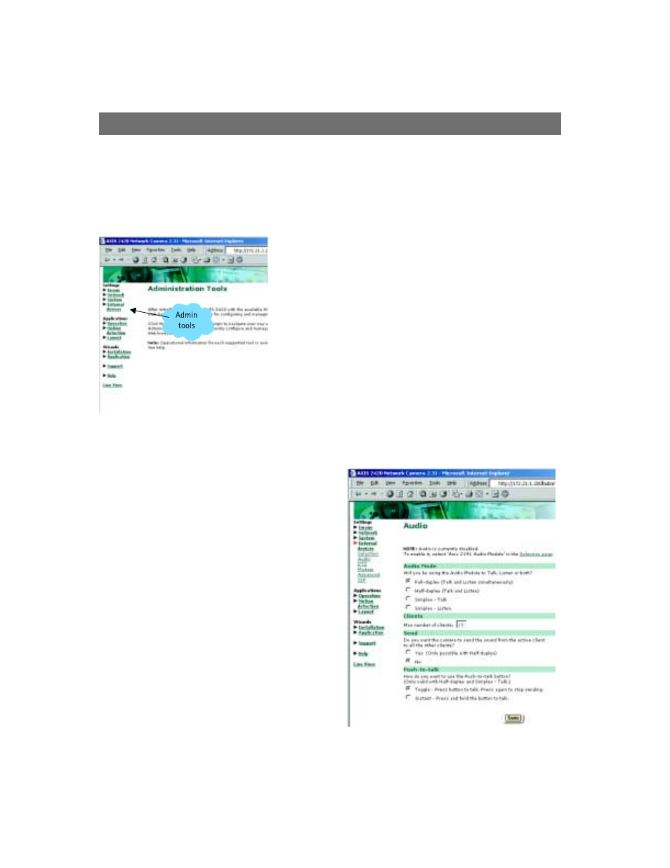 Configuring the audio module | Axis Communications 2420 W/Lens User Manual | Page 41 / 103