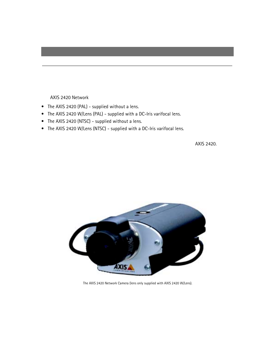 An introduction to the axis 2420, Camera models, Product overview | Axis Communications 2420 W/Lens User Manual | Page 5 / 103
