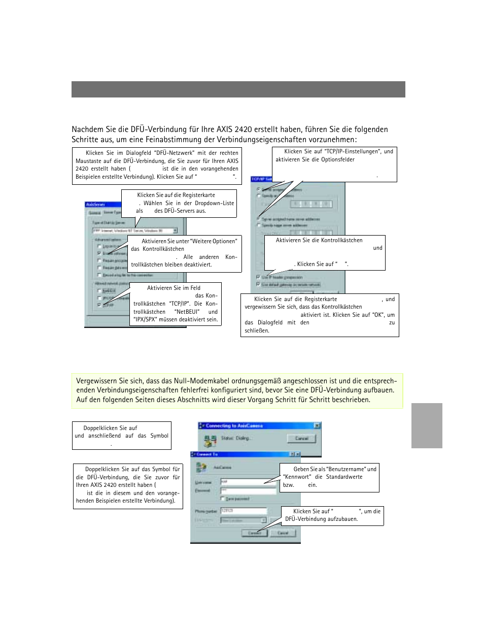 Aufbauen einer dfü-verbindung, Feinabstimmung der dfü-netzwerkeigenschaften | Axis Communications 2420 W/Lens User Manual | Page 79 / 103