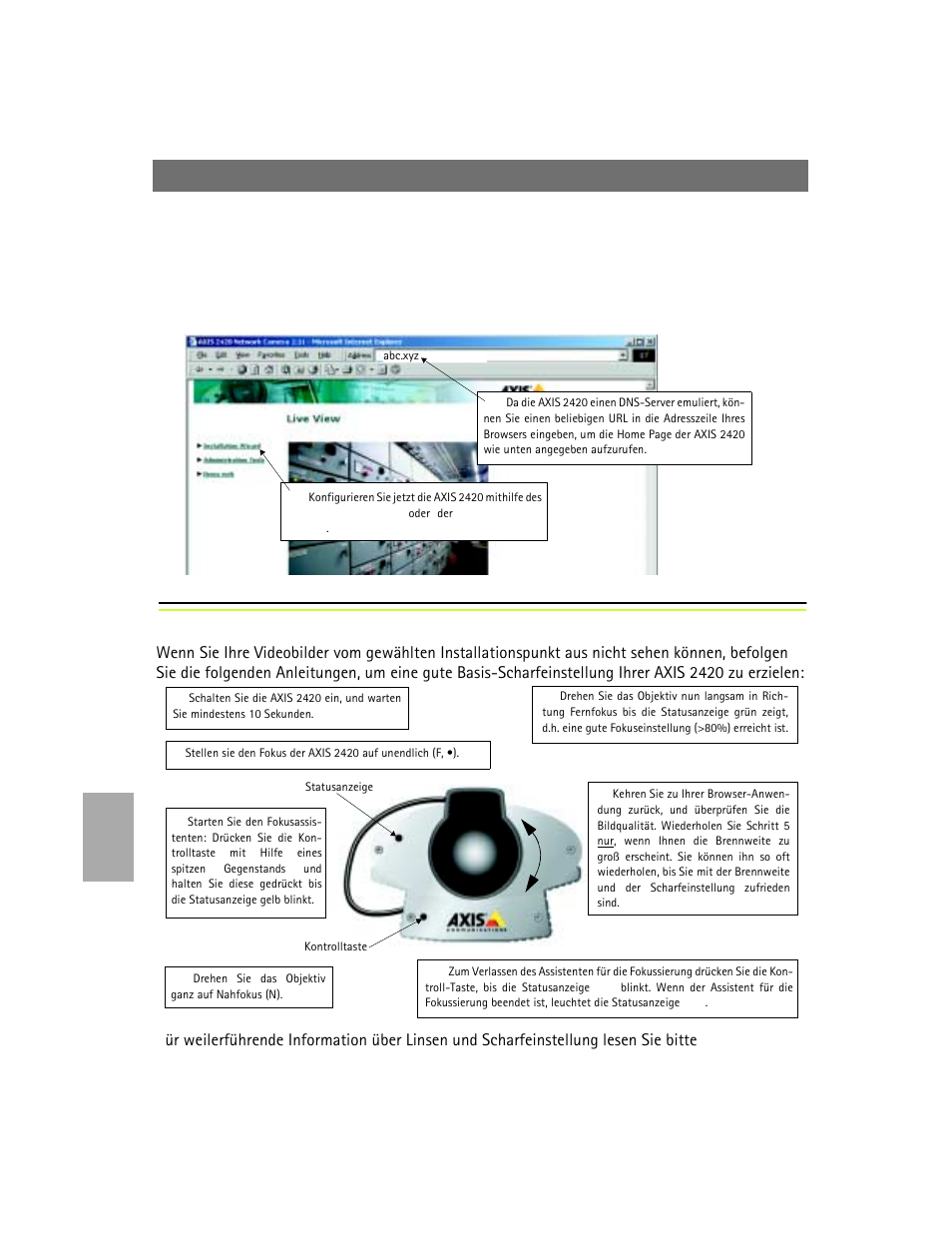 Scharfeinstellung der kamera, Scharfeinstellung der kamera auf se | Axis Communications 2420 W/Lens User Manual | Page 80 / 103