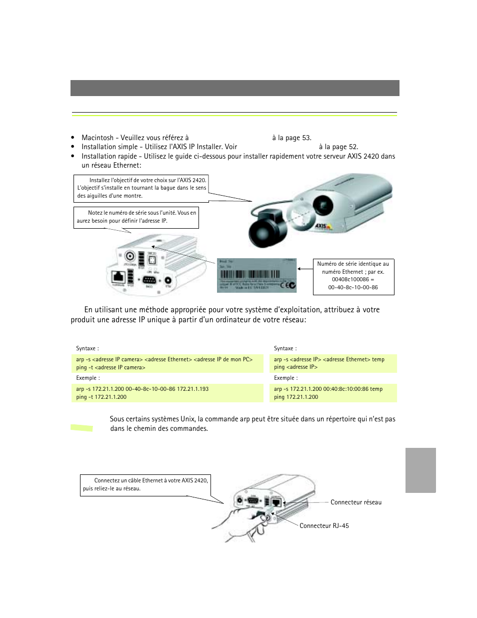 Installation sur un réseau | Axis Communications 2420 W/Lens User Manual | Page 85 / 103