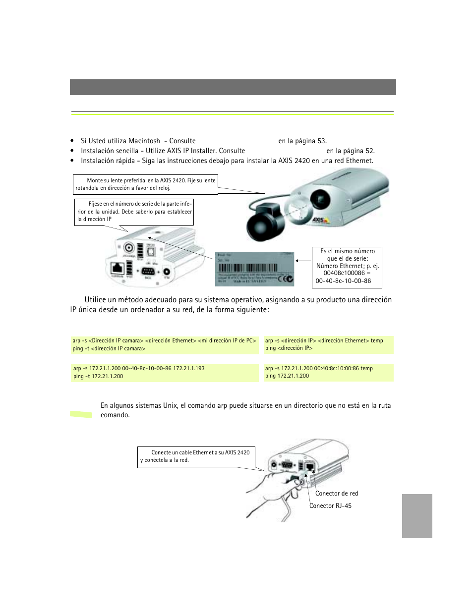 Instalación de la cámara a una red | Axis Communications 2420 W/Lens User Manual | Page 95 / 103