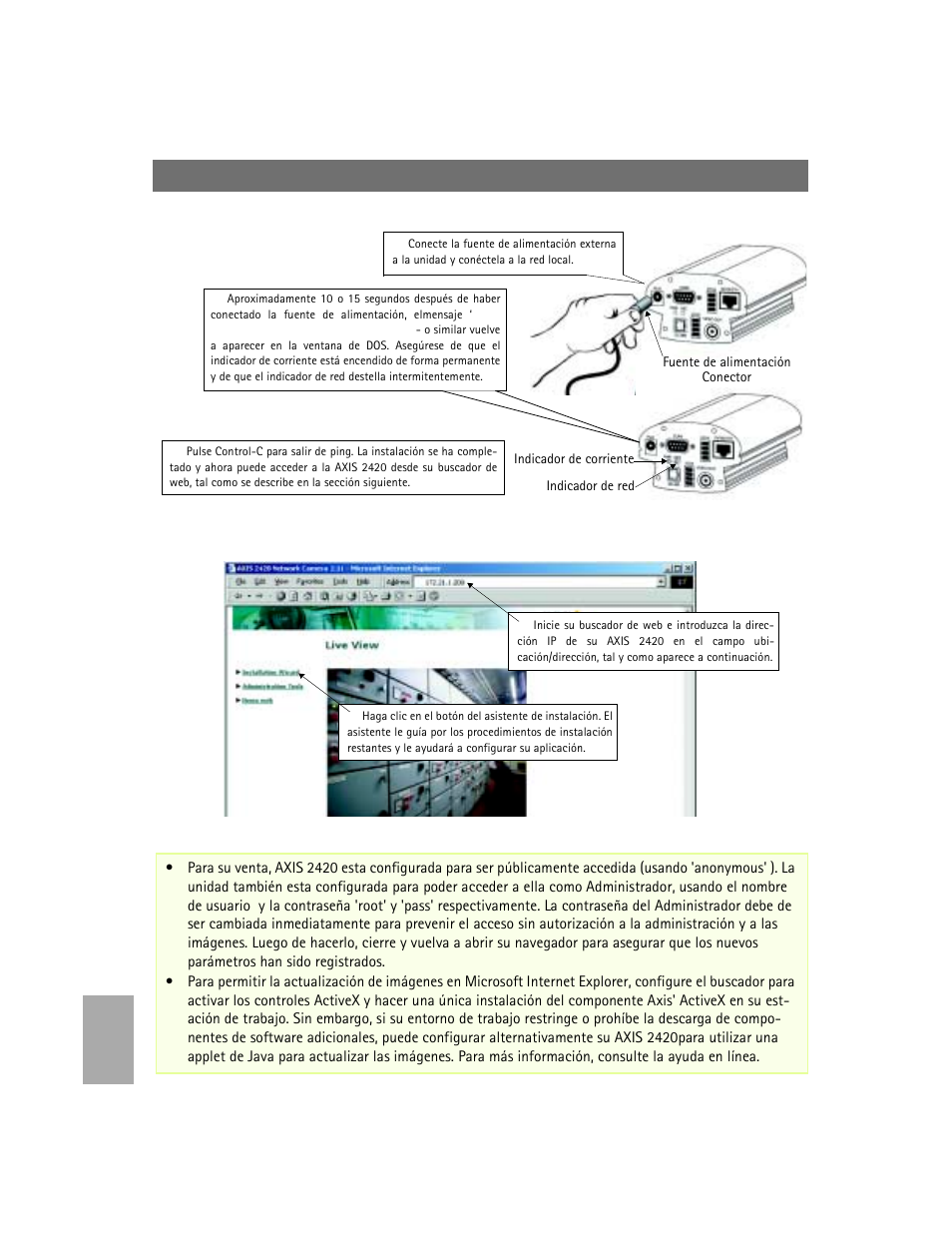 Verificando la instalación desde su buscador, Instalación de la cámara a una red | Axis Communications 2420 W/Lens User Manual | Page 96 / 103