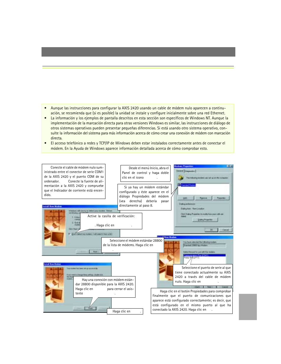 Instalación de la cámara a un módem | Axis Communications 2420 W/Lens User Manual | Page 97 / 103