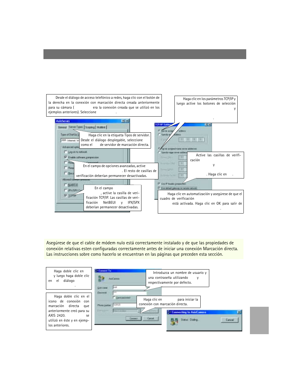 Iniciando la conexión con marcación directa | Axis Communications 2420 W/Lens User Manual | Page 99 / 103