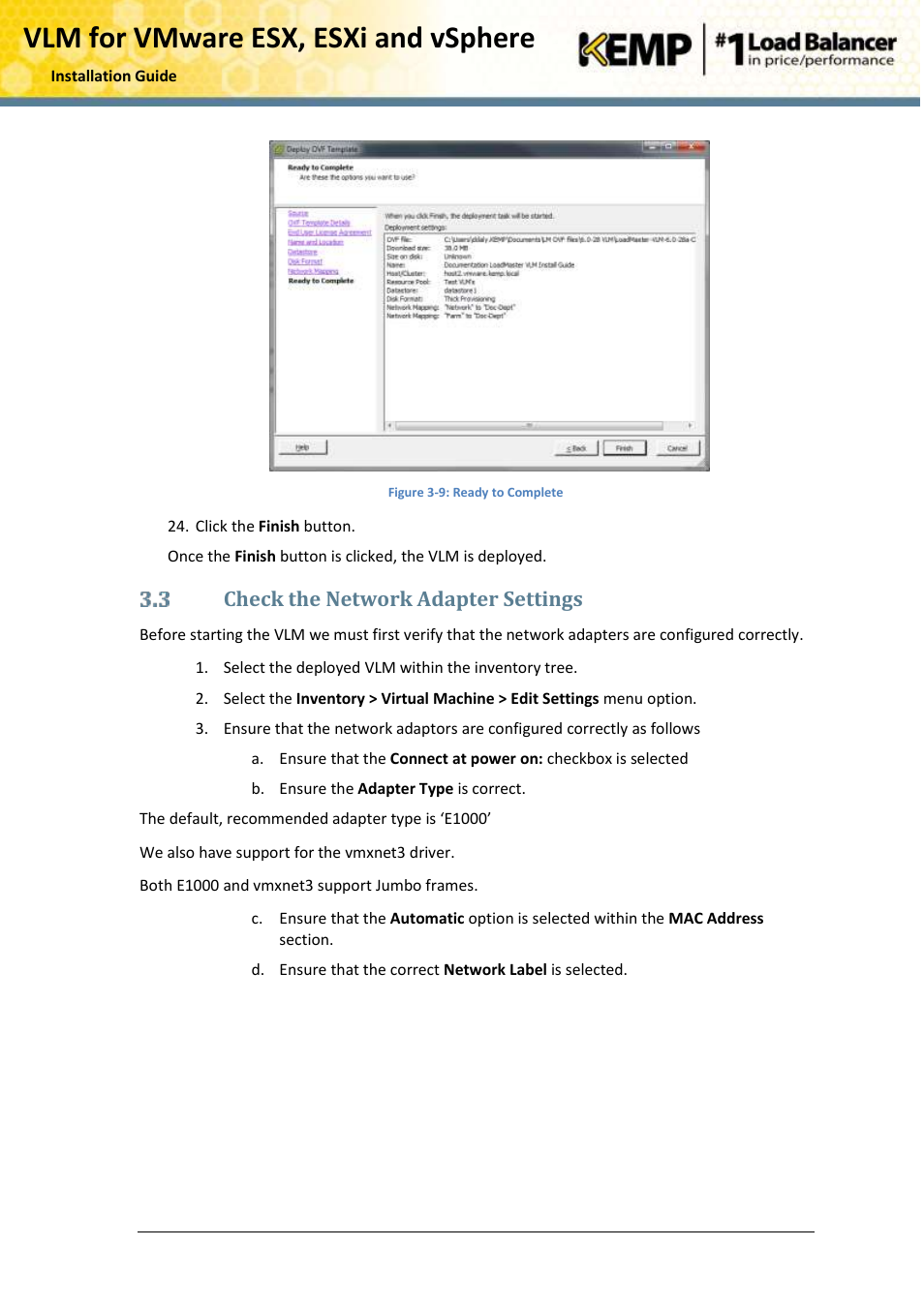 Check the network adapter settings, Vlm for vmware esx, esxi and vsphere | KEMP VMware ESX User Manual | Page 12 / 22