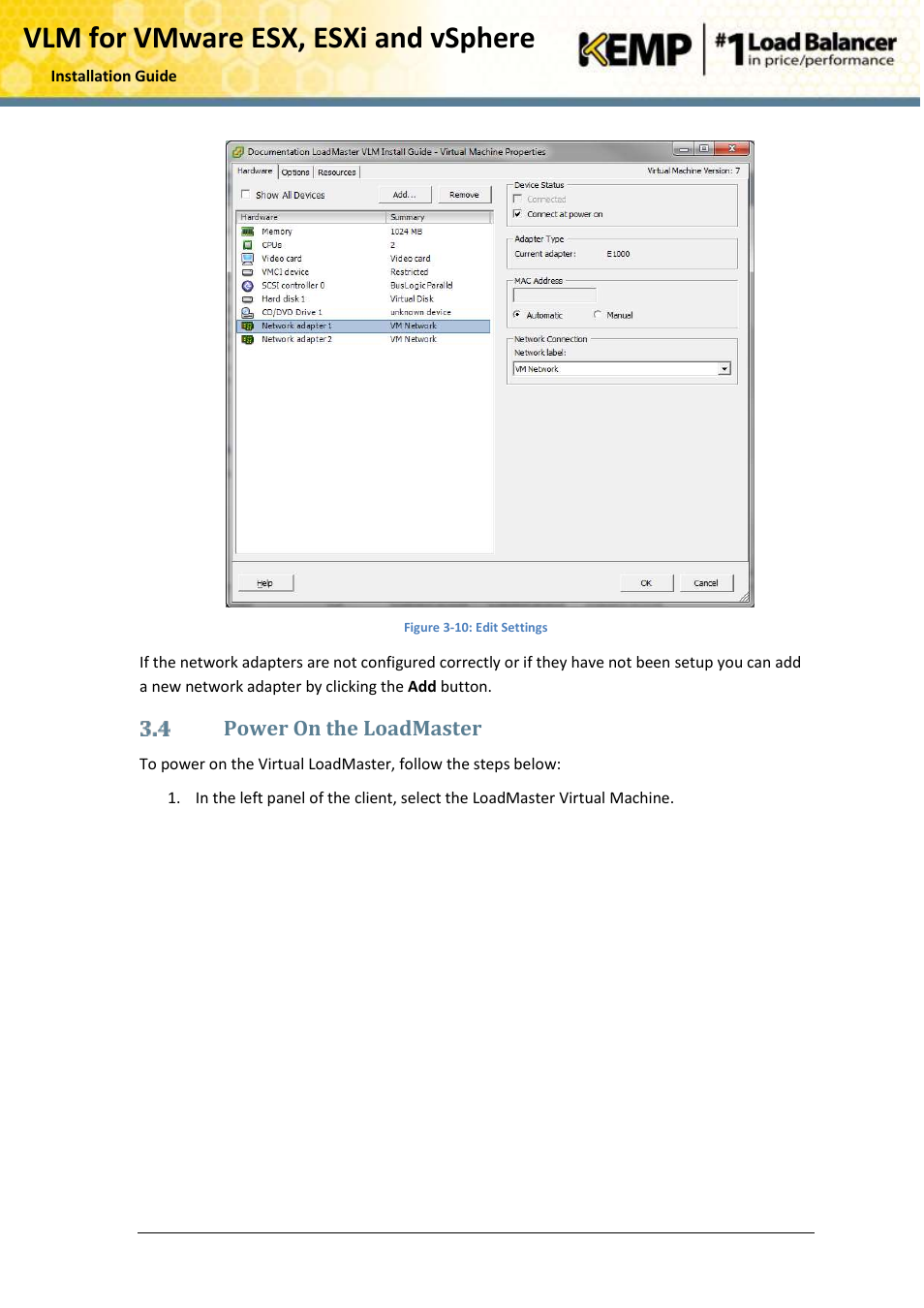 Power on the loadmaster, Vlm for vmware esx, esxi and vsphere | KEMP VMware ESX User Manual | Page 13 / 22