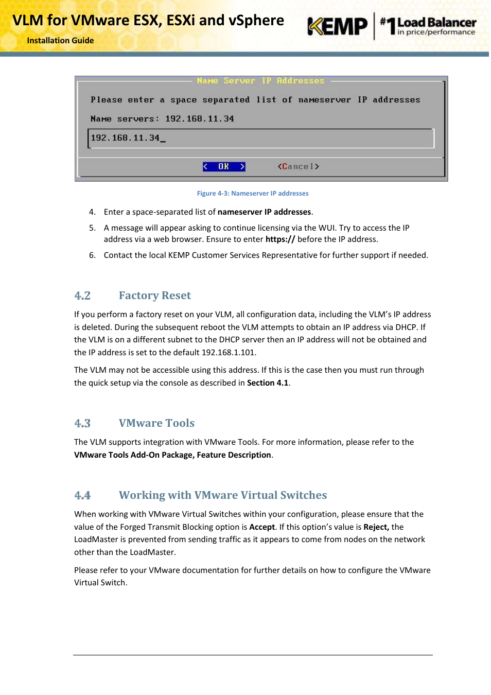 Factory reset, Vmware tools, Working with vmware virtual switches | Vlm for vmware esx, esxi and vsphere | KEMP VMware ESX User Manual | Page 20 / 22