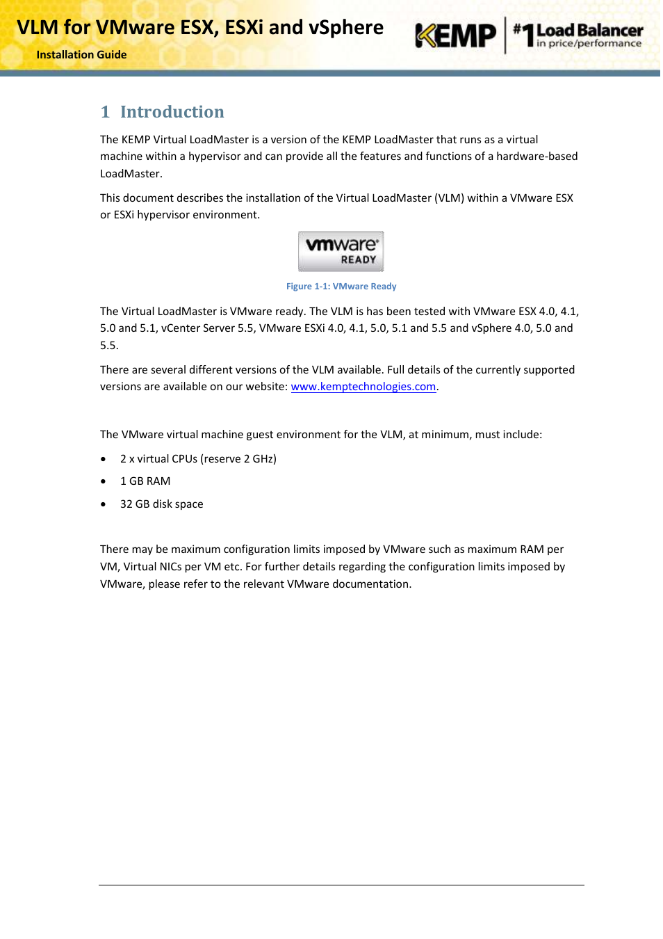 Introduction, Vlm for vmware esx, esxi and vsphere, 1 introduction | KEMP VMware ESX User Manual | Page 5 / 22