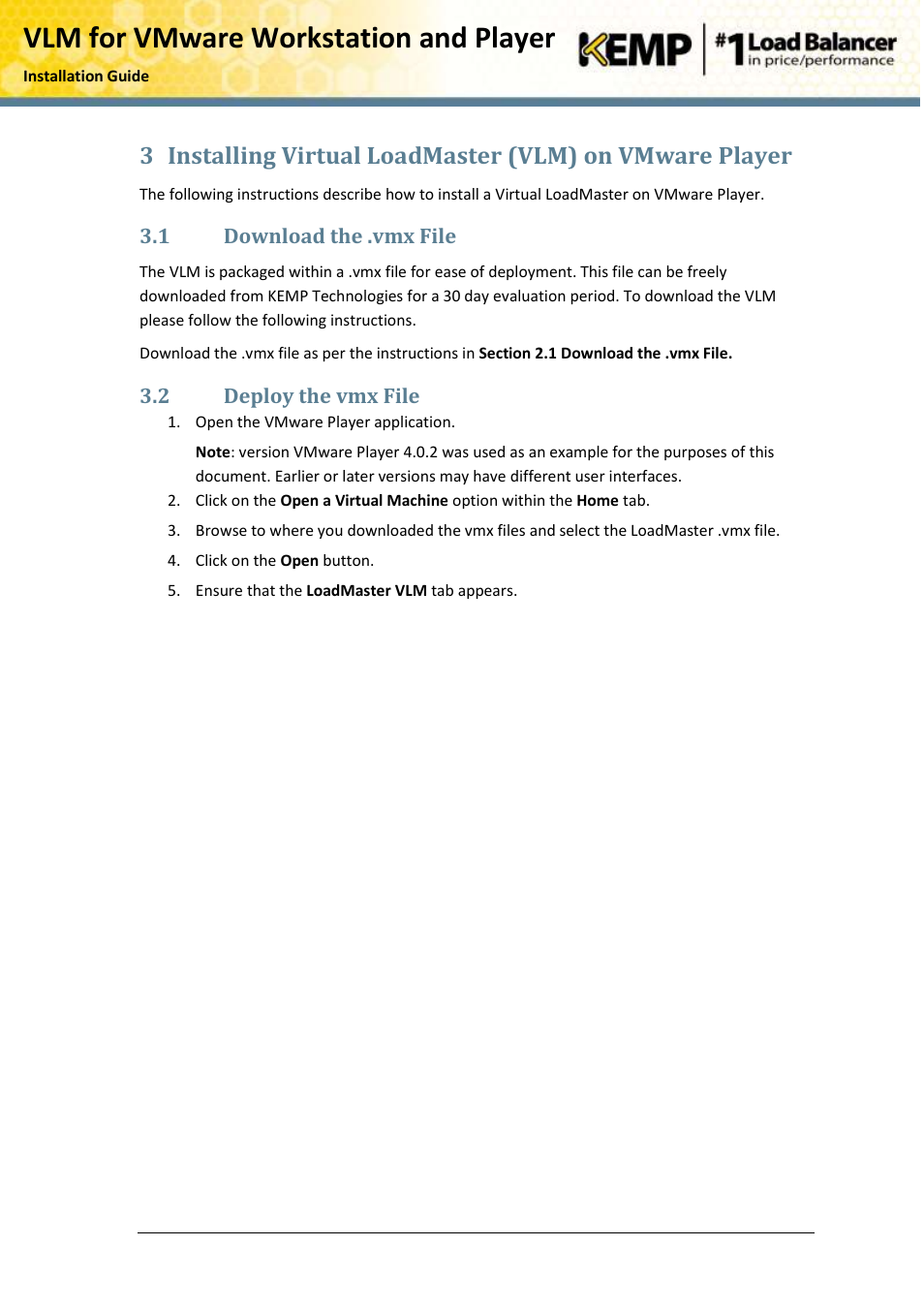 Download the .vmx file, Deploy the vmx file, Vlm for vmware workstation and player | KEMP VMware Workstation and Player User Manual | Page 13 / 19