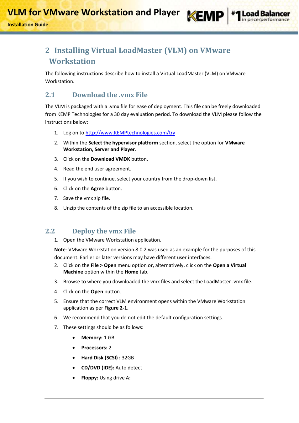Download the .vmx file, Deploy the vmx file, Vlm for vmware workstation and player | 1 download the .vmx file, 2 deploy the vmx file | KEMP VMware Workstation and Player User Manual | Page 6 / 19
