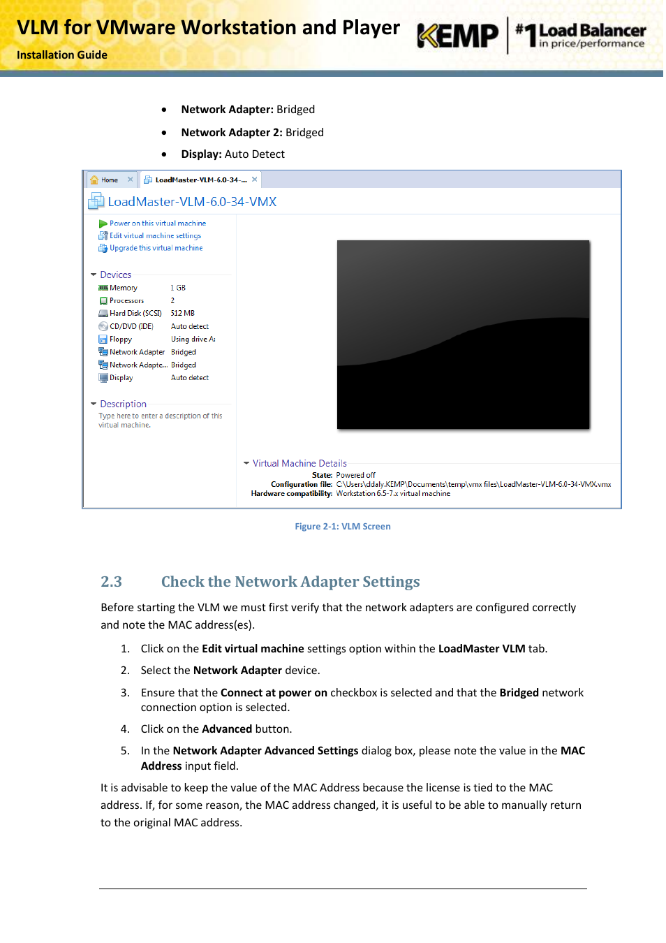 Check the network adapter settings, Vlm for vmware workstation and player, 3 check the network adapter settings | KEMP VMware Workstation and Player User Manual | Page 7 / 19