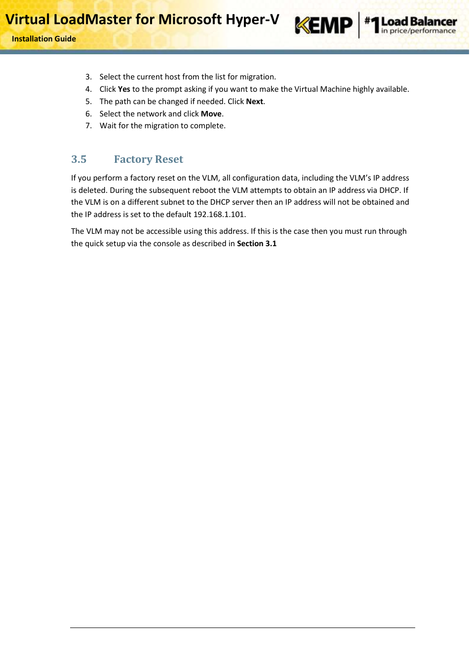 Factory reset, Virtual loadmaster for microsoft hyper-v | KEMP Hyper-V 2008 R2 User Manual | Page 16 / 18