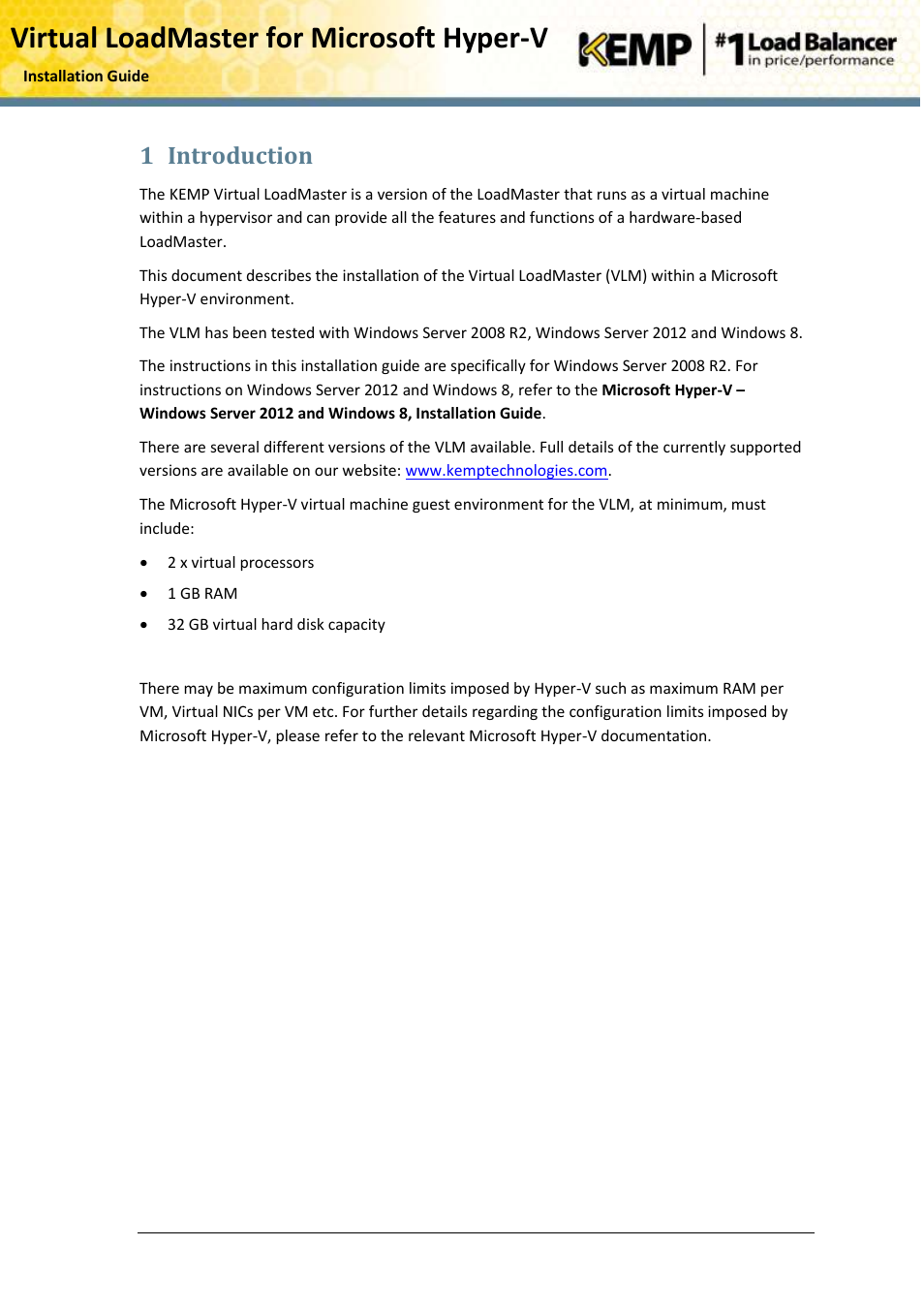 Introduction, Virtual loadmaster for microsoft hyper-v, 1 introduction | KEMP Hyper-V 2008 R2 User Manual | Page 5 / 18