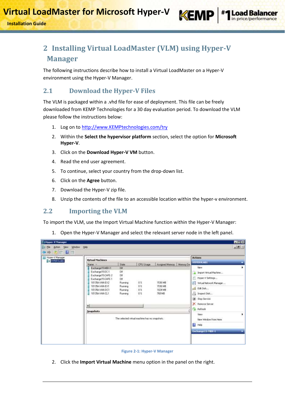 Download the hyper-v files, Importing the vlm, Virtual loadmaster for microsoft hyper-v | KEMP Hyper-V 2008 R2 User Manual | Page 6 / 18