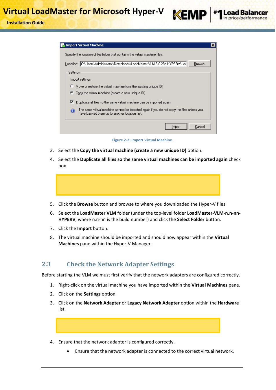 Check the network adapter settings, Virtual loadmaster for microsoft hyper-v, 3 check the network adapter settings | KEMP Hyper-V 2008 R2 User Manual | Page 7 / 18