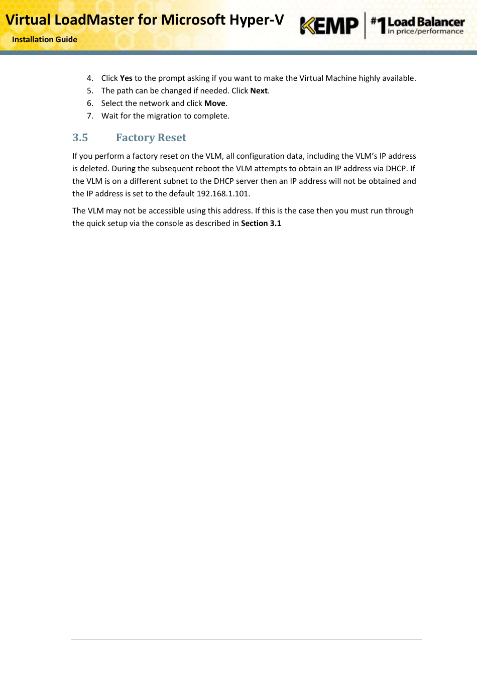 Factory reset, Virtual loadmaster for microsoft hyper-v | KEMP Hyper-V 2012 User Manual | Page 18 / 20