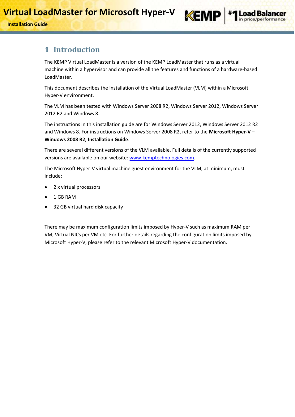 Introduction, Virtual loadmaster for microsoft hyper-v, 1 introduction | KEMP Hyper-V 2012 User Manual | Page 5 / 20