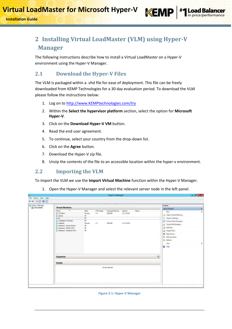 Download the hyper-v files, Importing the vlm, Virtual loadmaster for microsoft hyper-v | KEMP Hyper-V 2012 User Manual | Page 6 / 20