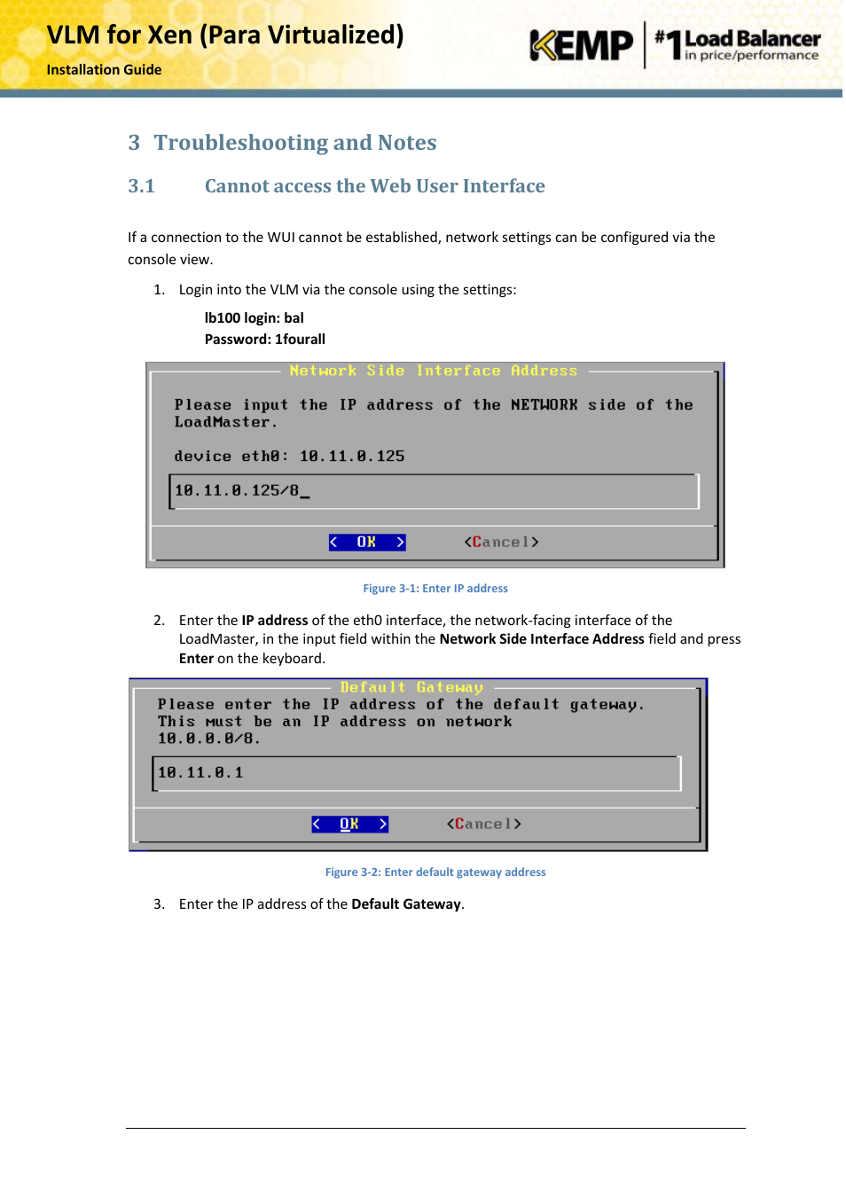 Troubleshooting and notes, Cannot access the web user interface, Vlm for xen (para virtualized) | 1 cannot access the web user interface | KEMP Xen User Manual | Page 13 / 18