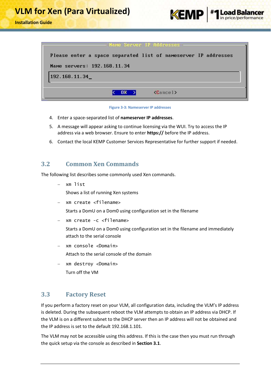 Common xen commands, Factory reset, Vlm for xen (para virtualized) | 2 common xen commands, 3 factory reset | KEMP Xen User Manual | Page 14 / 18