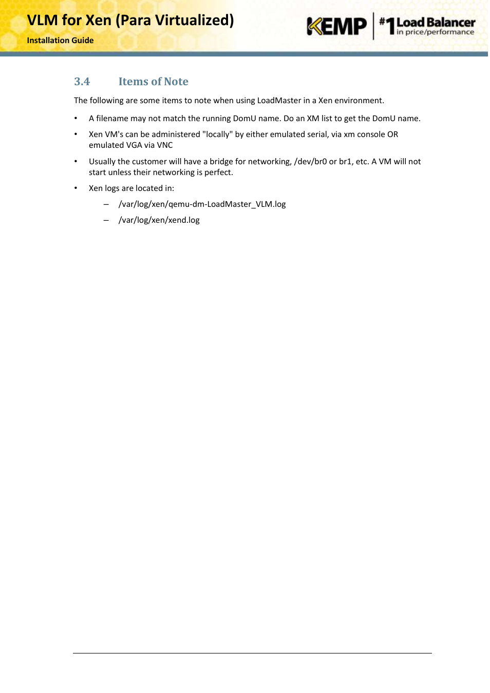 Items of note, Vlm for xen (para virtualized) | KEMP Xen User Manual | Page 15 / 18