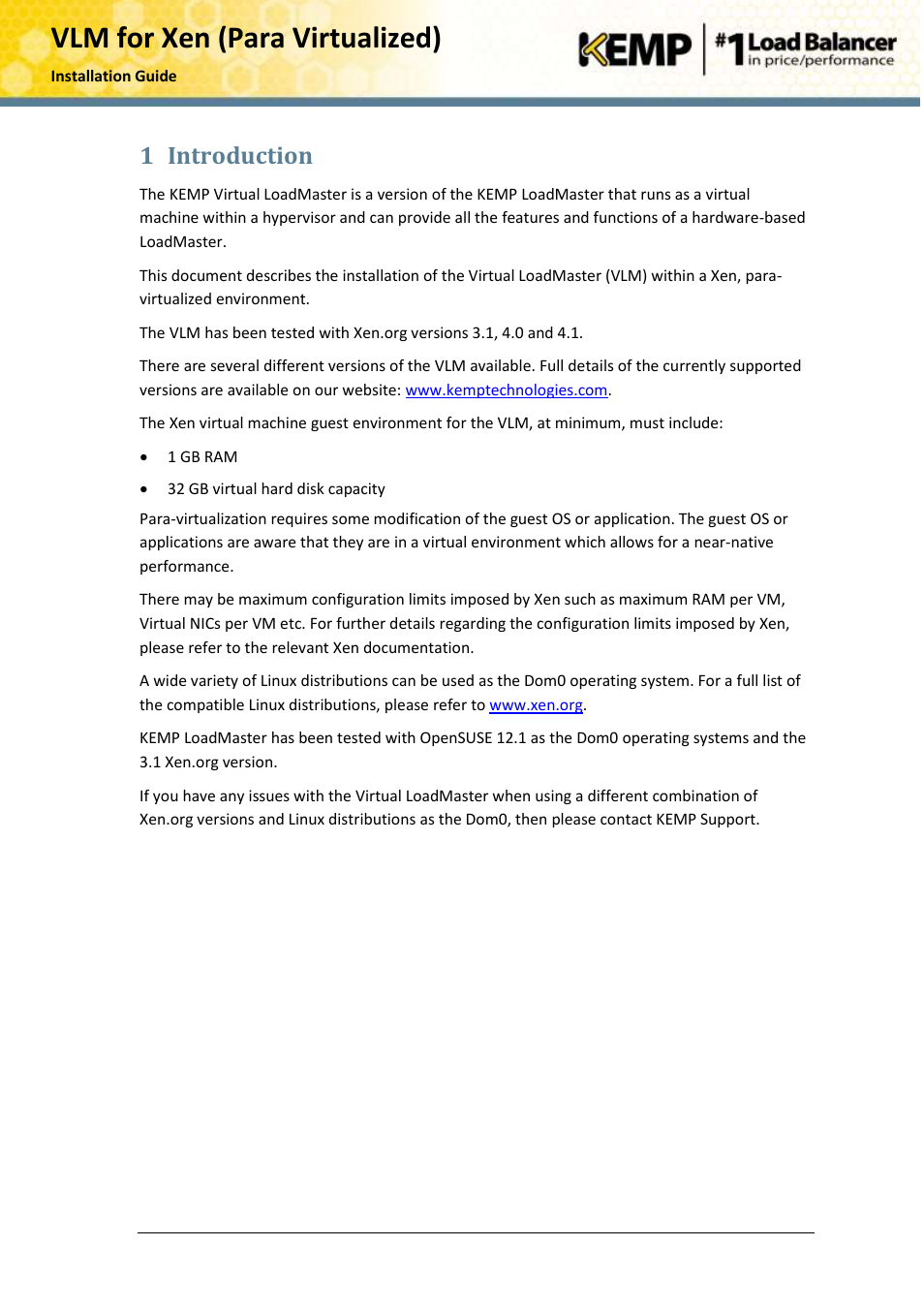 Introduction, Vlm for xen (para virtualized), 1 introduction | KEMP Xen User Manual | Page 5 / 18