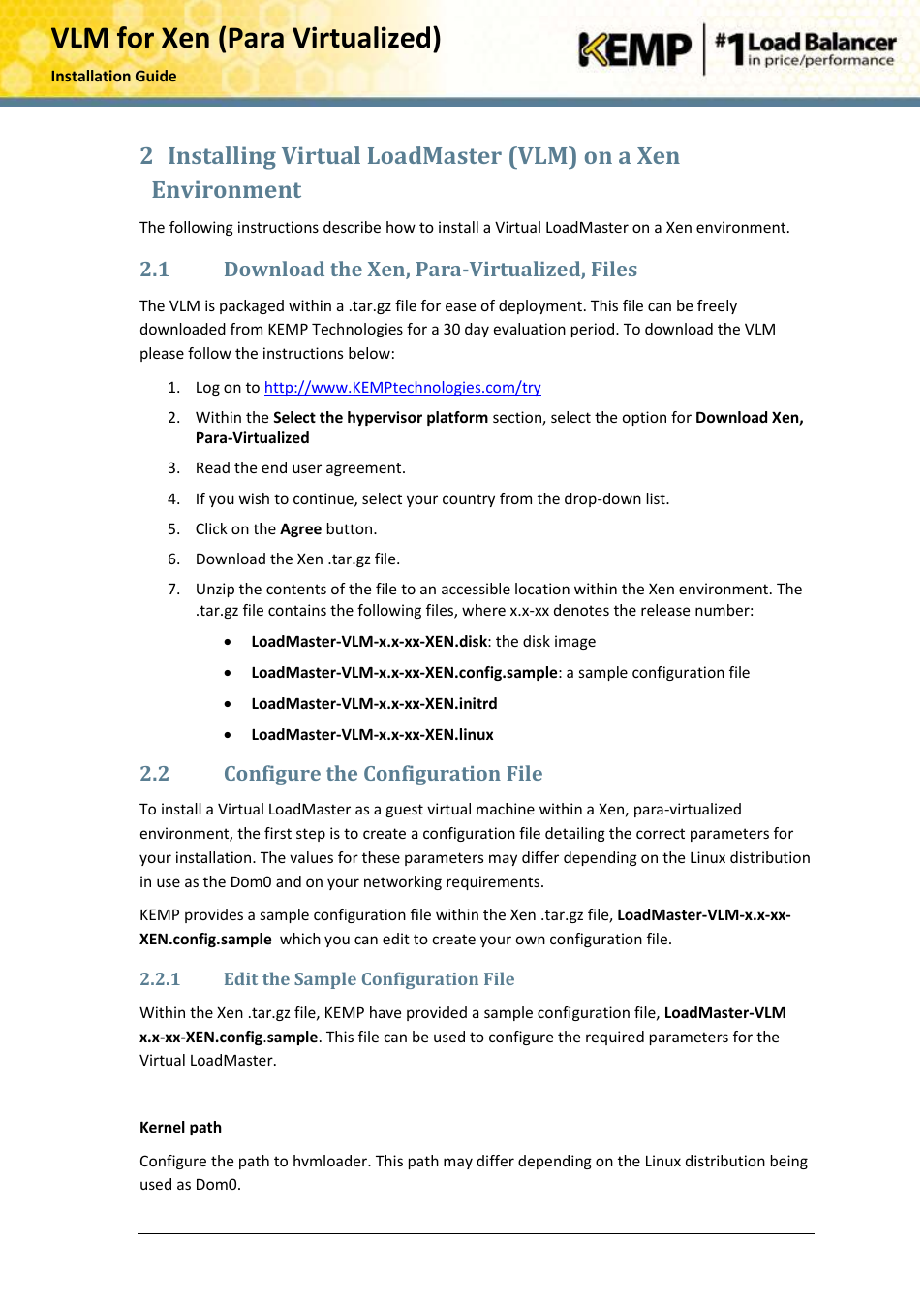 Download the xen, para-virtualized, files, Configure the configuration file, Edit the sample configuration file | Vlm for xen (para virtualized), 1 download the xen, para-virtualized, files, 2 configure the configuration file | KEMP Xen User Manual | Page 6 / 18
