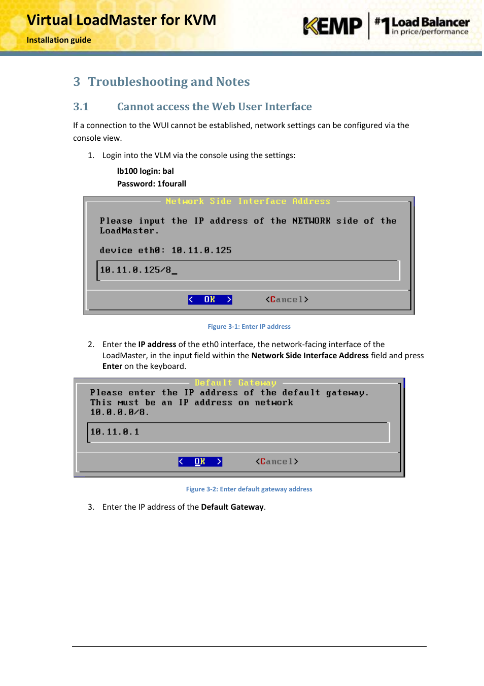 Troubleshooting and notes, Cannot access the web user interface, Virtual loadmaster for kvm | 1 cannot access the web user interface | KEMP KVM User Manual | Page 12 / 17