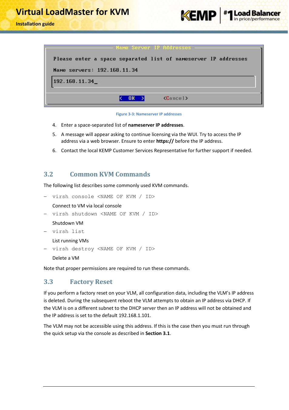 Common kvm commands, Factory reset, Virtual loadmaster for kvm | 2 common kvm commands, 3 factory reset | KEMP KVM User Manual | Page 13 / 17