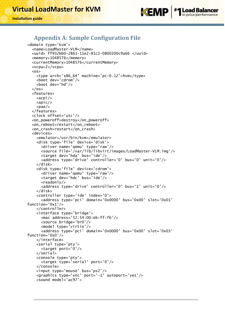 Appendix a: sample configuration file, Virtual loadmaster for kvm | KEMP KVM User Manual | Page 14 / 17