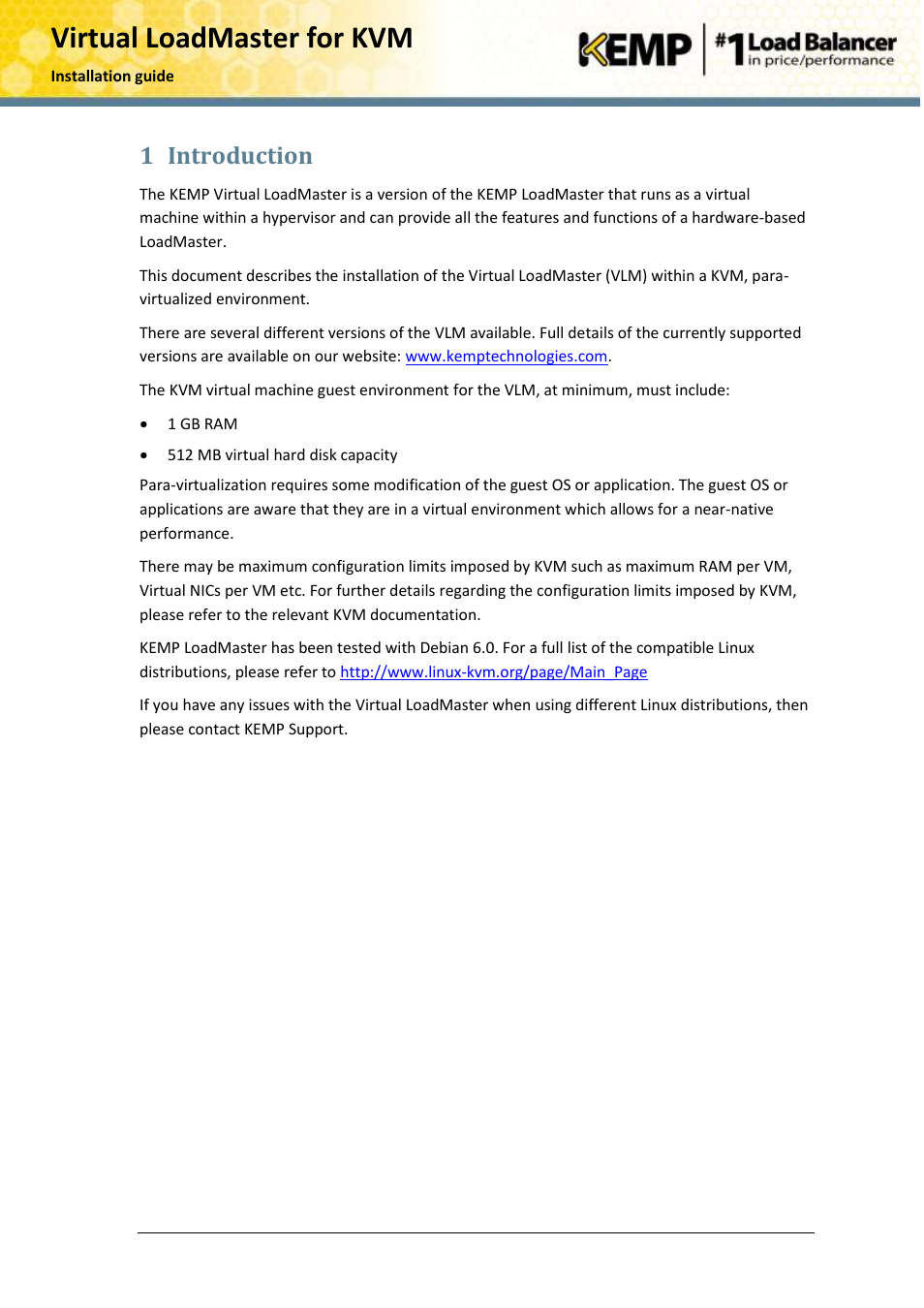 Introduction, Virtual loadmaster for kvm, 1 introduction | KEMP KVM User Manual | Page 5 / 17