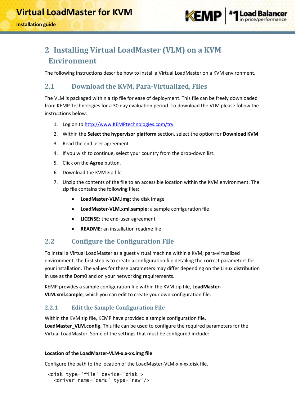 Download the kvm, para-virtualized, files, Configure the configuration file, Edit the sample configuration file | Virtual loadmaster for kvm, 1 download the kvm, para-virtualized, files, 2 configure the configuration file | KEMP KVM User Manual | Page 6 / 17