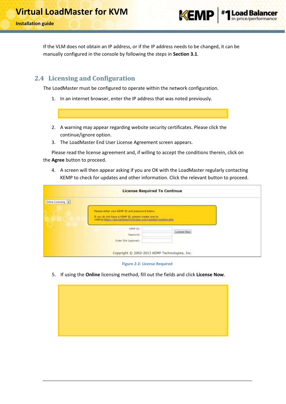 Licensing and configuration, Virtual loadmaster for kvm, 4 licensing and configuration | KEMP KVM User Manual | Page 8 / 17
