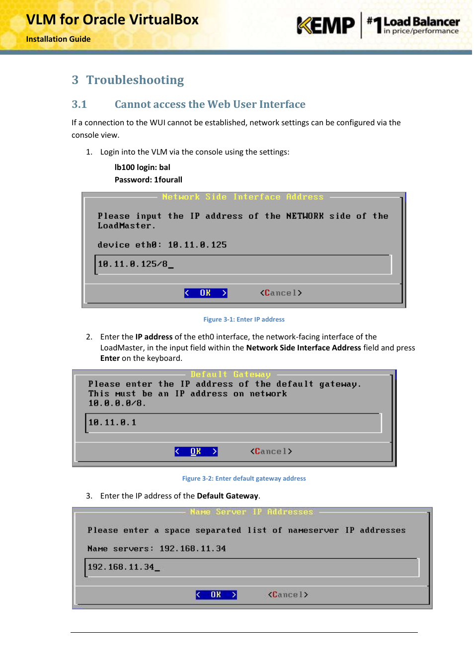 Troubleshooting, Cannot access the web user interface, Vlm for oracle virtualbox | 3 troubleshooting, 1 cannot access the web user interface | KEMP Oracle VirtualBox User Manual | Page 14 / 17