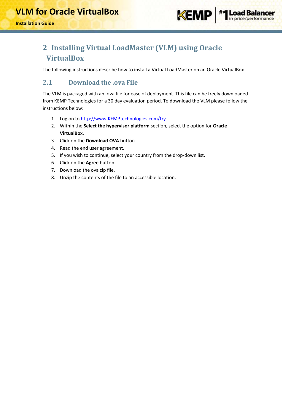 Download the .ova file, Vlm for oracle virtualbox | KEMP Oracle VirtualBox User Manual | Page 6 / 17