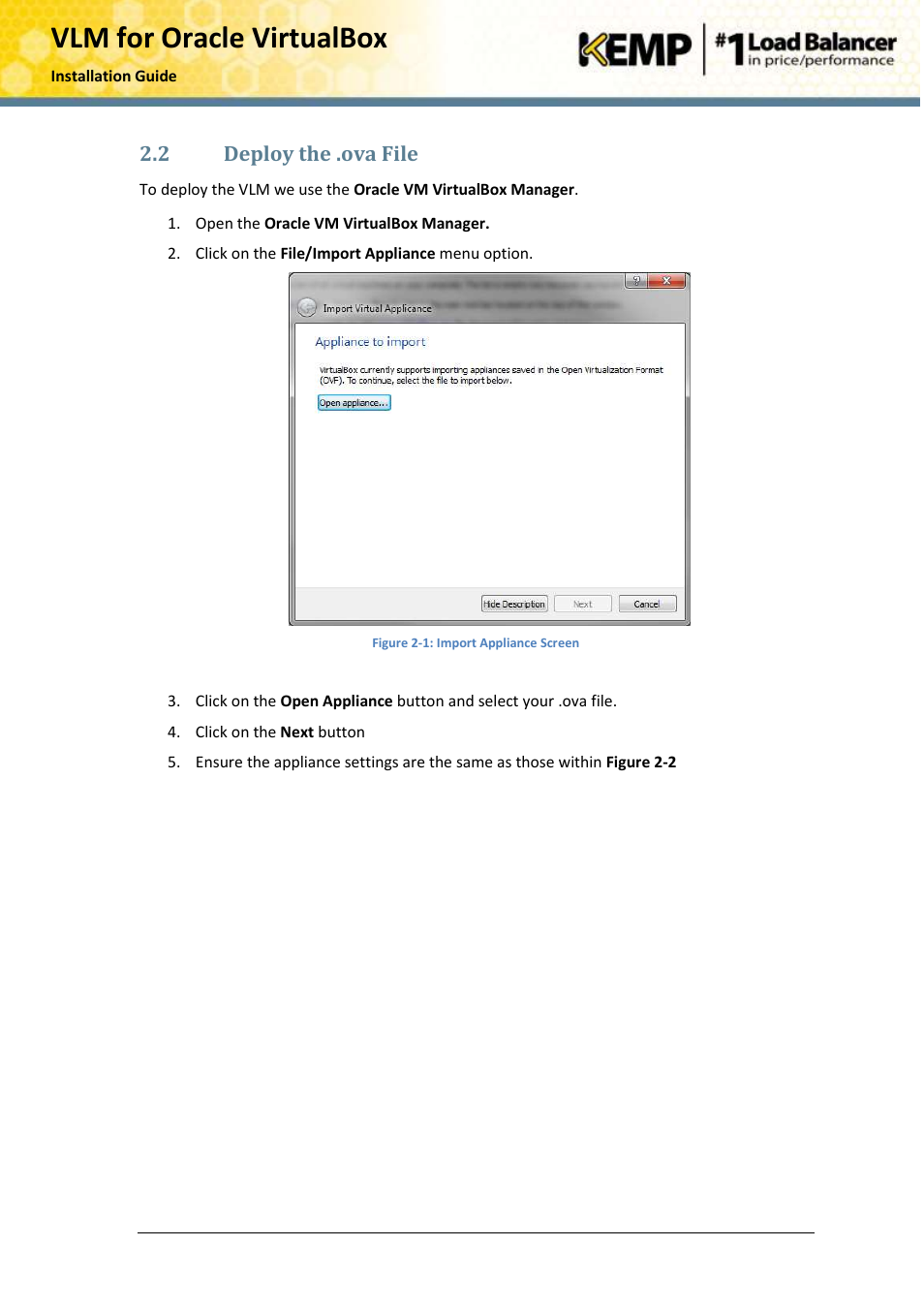 Deploy the .ova file, Vlm for oracle virtualbox, 2 deploy the .ova file | KEMP Oracle VirtualBox User Manual | Page 7 / 17