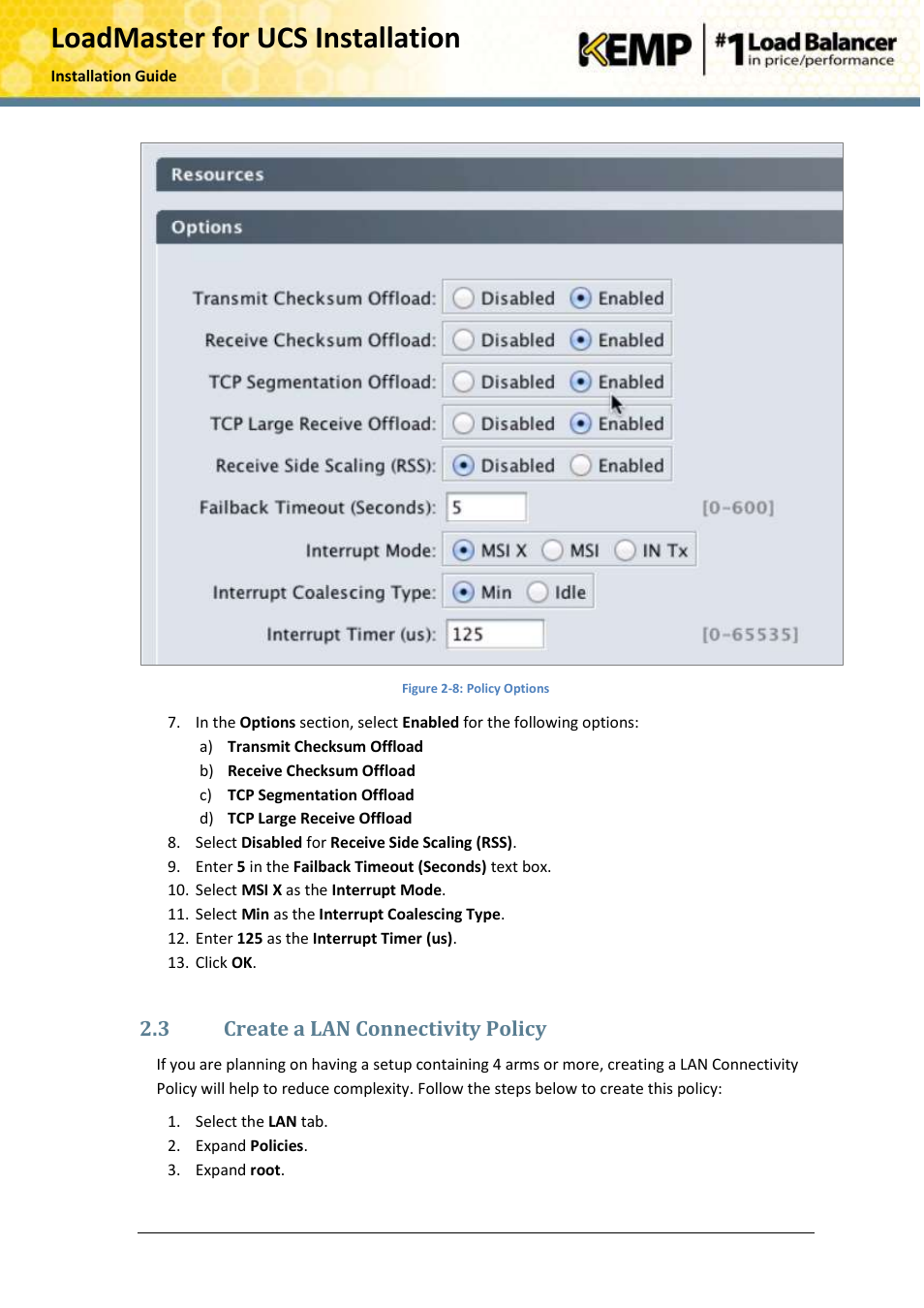 Create a lan connectivity policy, 3 create a lan connectivity policy | KEMP Cisco B-Series User Manual | Page 10 / 27