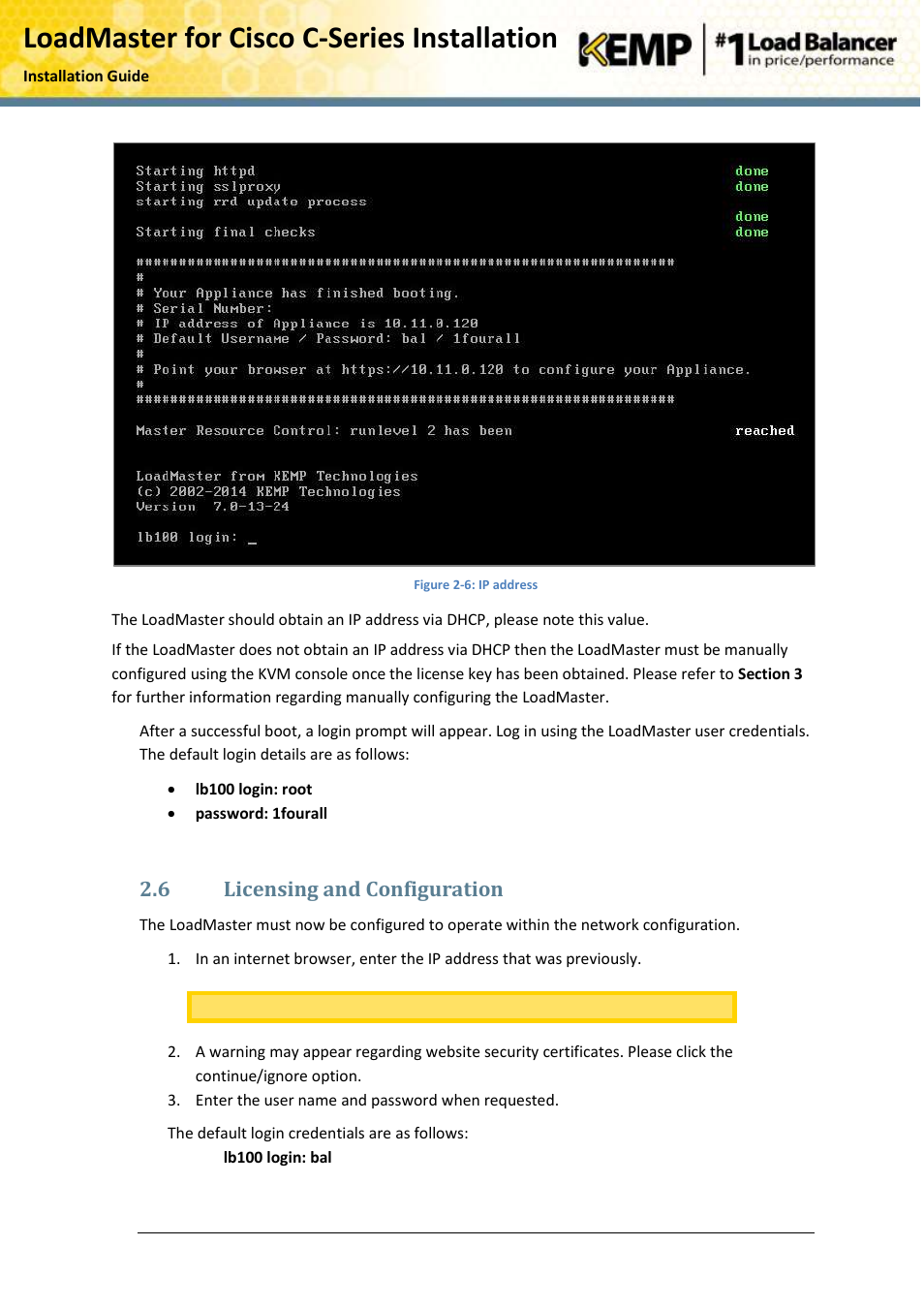 Licensing and configuration, Loadmaster for cisco c-series installation, 6 licensing and configuration | KEMP Cisco C-Series User Manual | Page 11 / 18