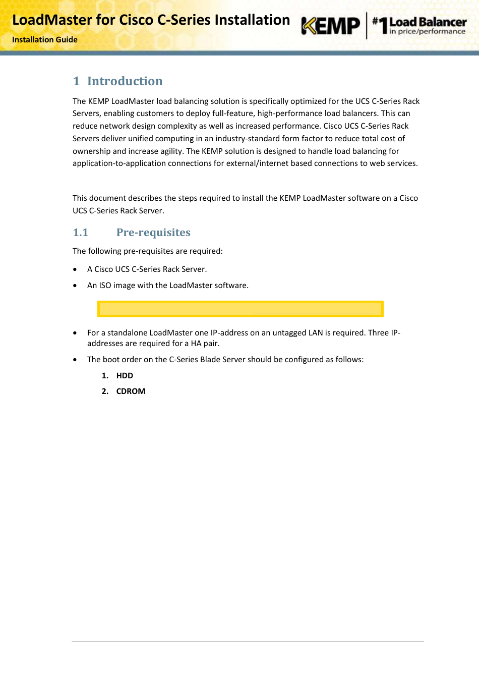 Introduction, Pre-requisites, Loadmaster for cisco c-series installation | 1 introduction, 1 pre-requisites | KEMP Cisco C-Series User Manual | Page 5 / 18