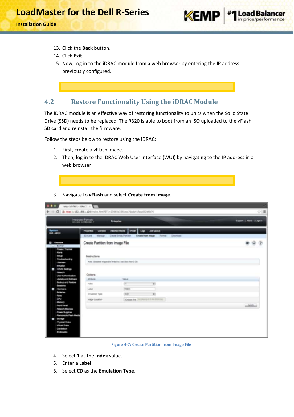 Restore functionality using the idrac module, 2 restore functionality using the idrac module | KEMP R Series User Manual | Page 19 / 25