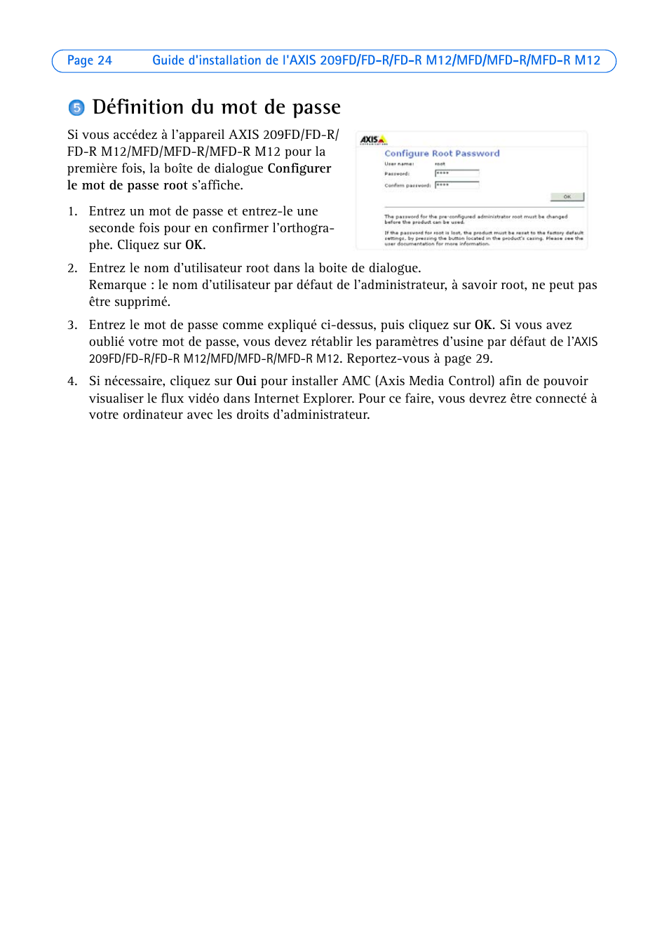 Définition du mot de passe | Axis Communications 209 MFD-R User Manual | Page 24 / 73
