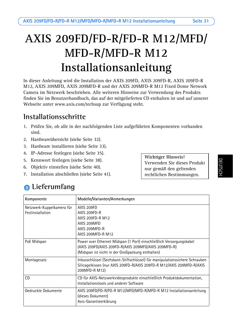 Installationsschritte, Lieferumfang, Installationsanleitung | Axis Communications 209 MFD-R User Manual | Page 31 / 73