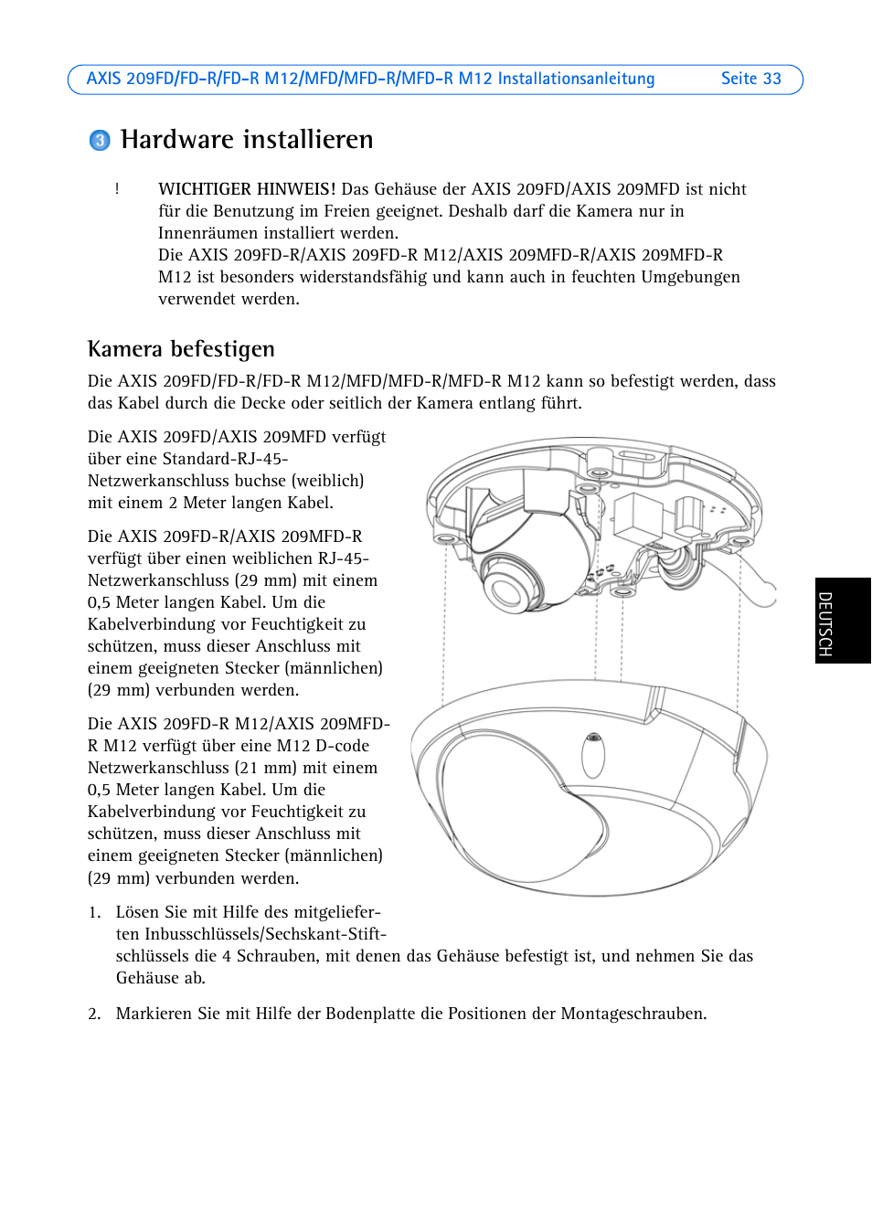 Hardware installieren, Kamera befestigen, Seite 33) | Axis Communications 209 MFD-R User Manual | Page 33 / 73