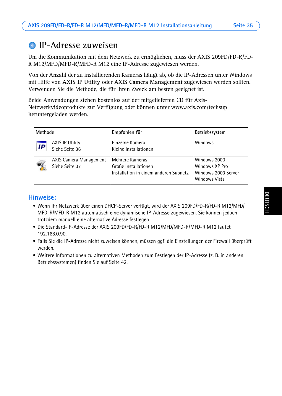 Ip-adresse zuweisen, Seite 35), 4 auf seite 35) | Hinweise | Axis Communications 209 MFD-R User Manual | Page 35 / 73