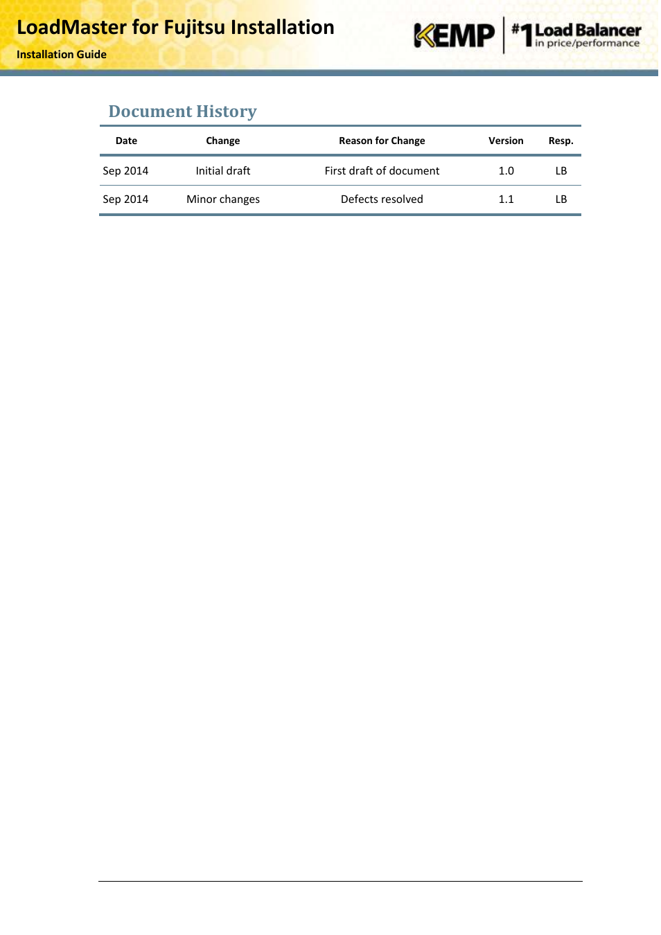 Document history, Loadmaster for fujitsu installation | KEMP PRIMERGY RX User Manual | Page 15 / 15