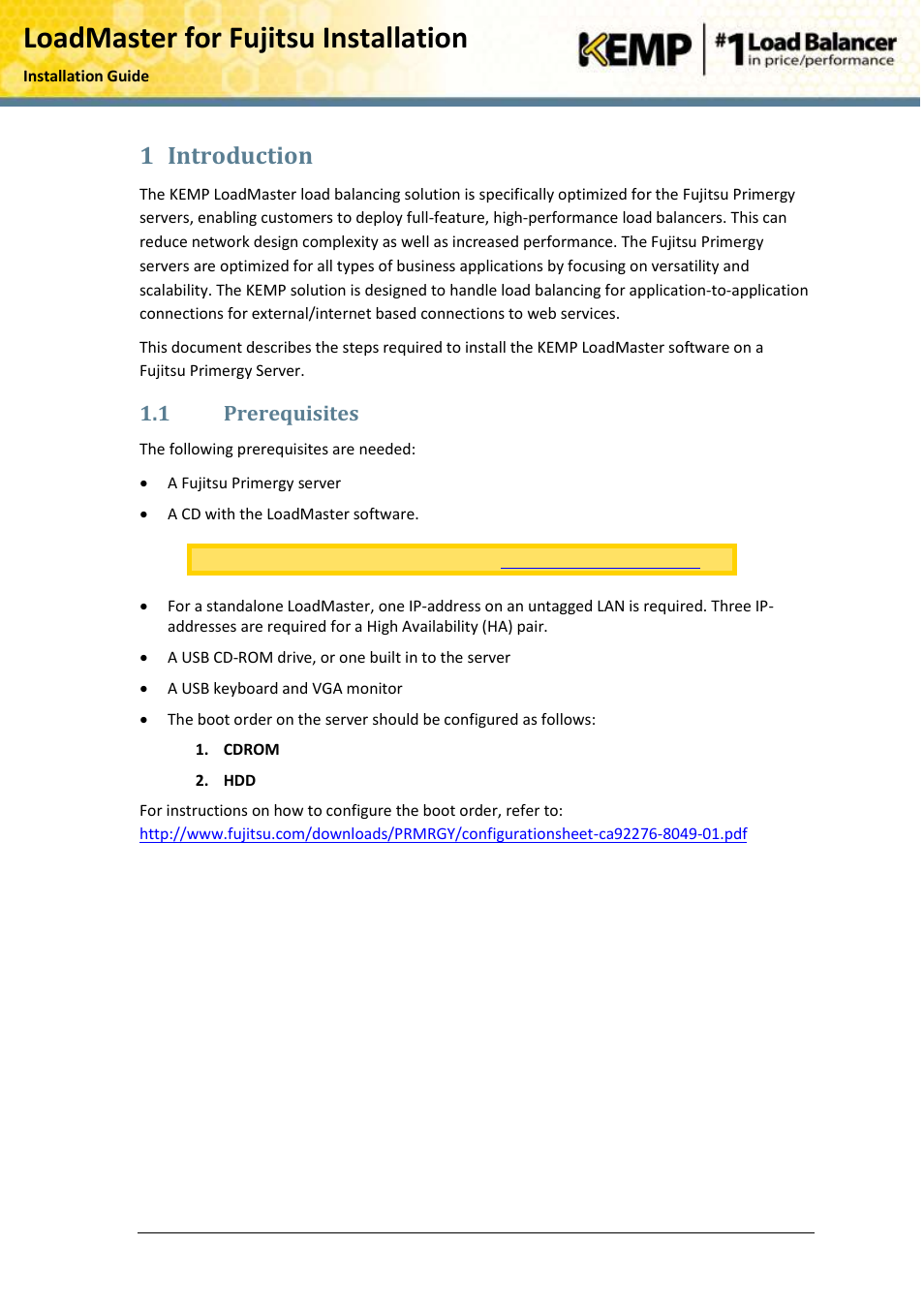 Introduction, Prerequisites, Loadmaster for fujitsu installation | 1 introduction, 1 prerequisites | KEMP PRIMERGY RX User Manual | Page 5 / 15